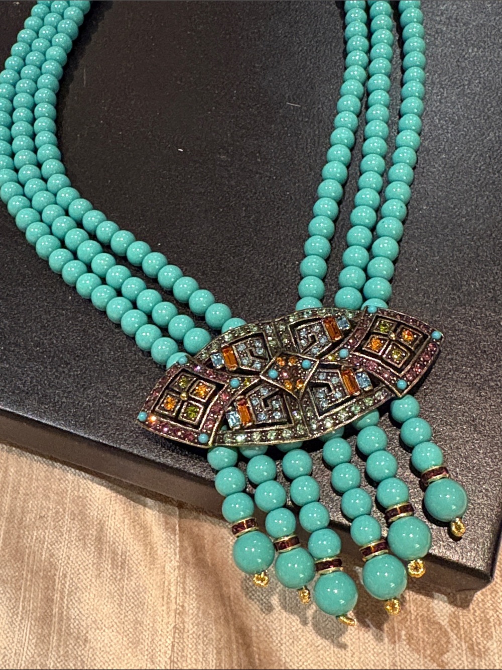 Heidi Daus Turquoise Multi-Strand Jeweled Flapper Art Deco Necklace 14-18”